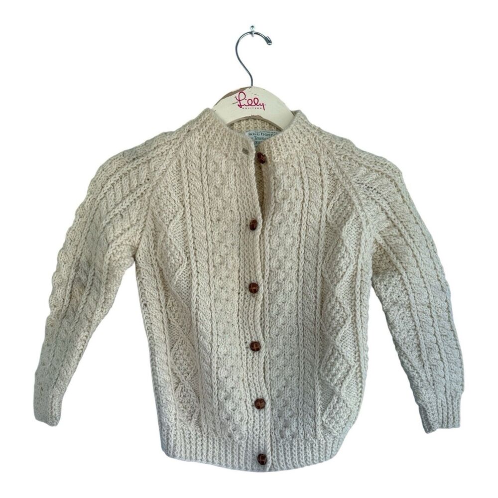 Vintage 1970s Donegal Knit Cardigan Womens Youth XL Irish Wool Cable Chunky Aran